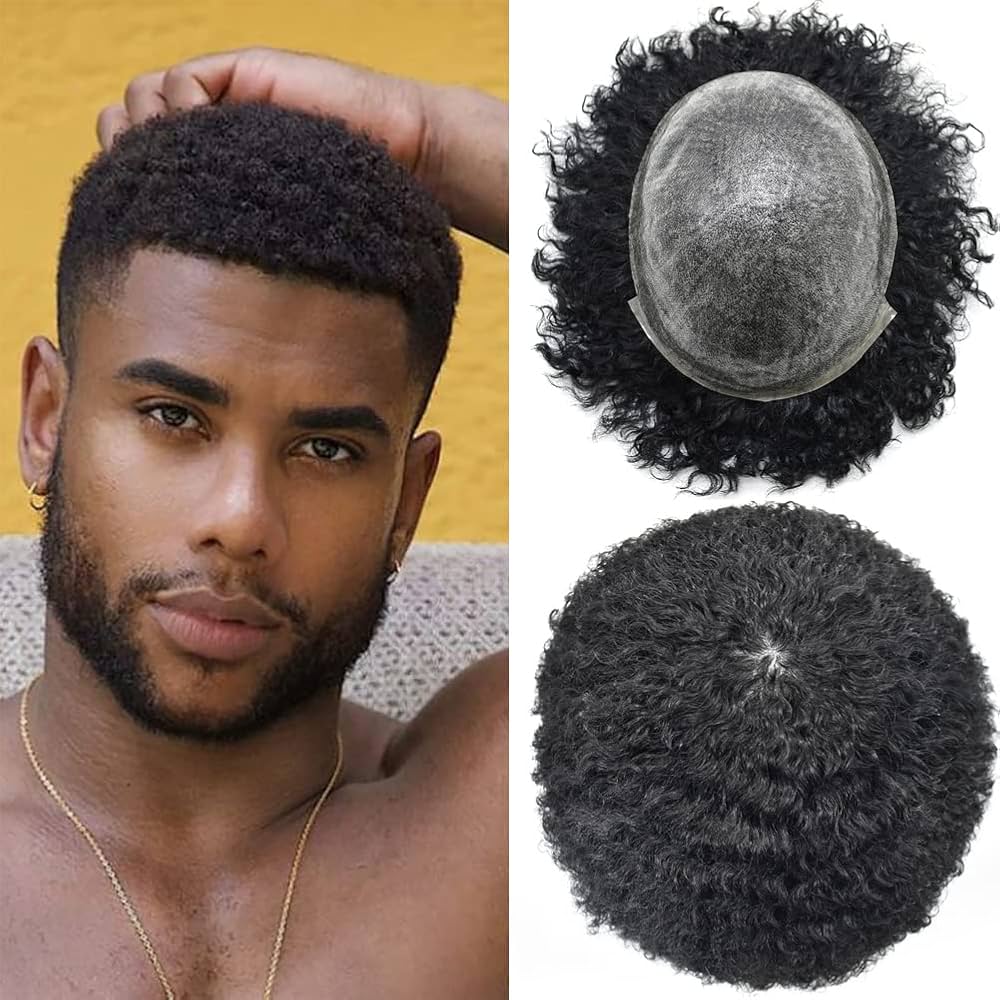 Mẫu tóc giả bằng tóc thật siêu da đầu cho tóc hói 8 Afro Hair For Black Mens Hair Piece Toupee Afro Toupee For Black Men Full Poly African